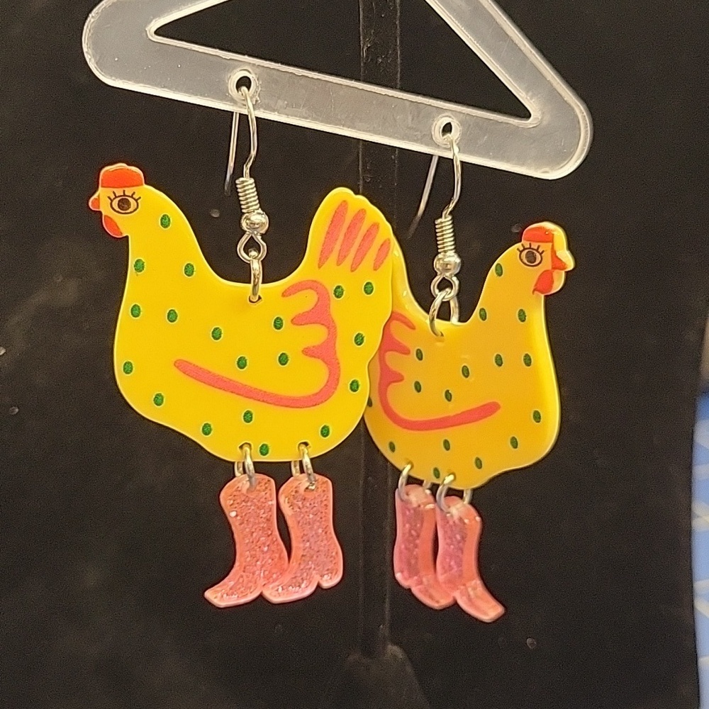 Chicken in Glitter Rainboots 2" Earrings